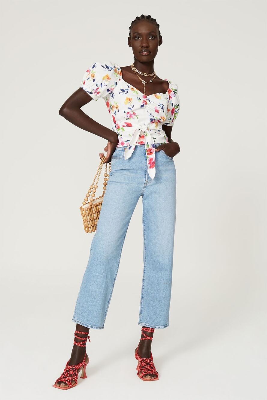 MARISSA WEBB x RTR White Floral Printed Short Sleeve Puff Sleeve Wrap Top Size M